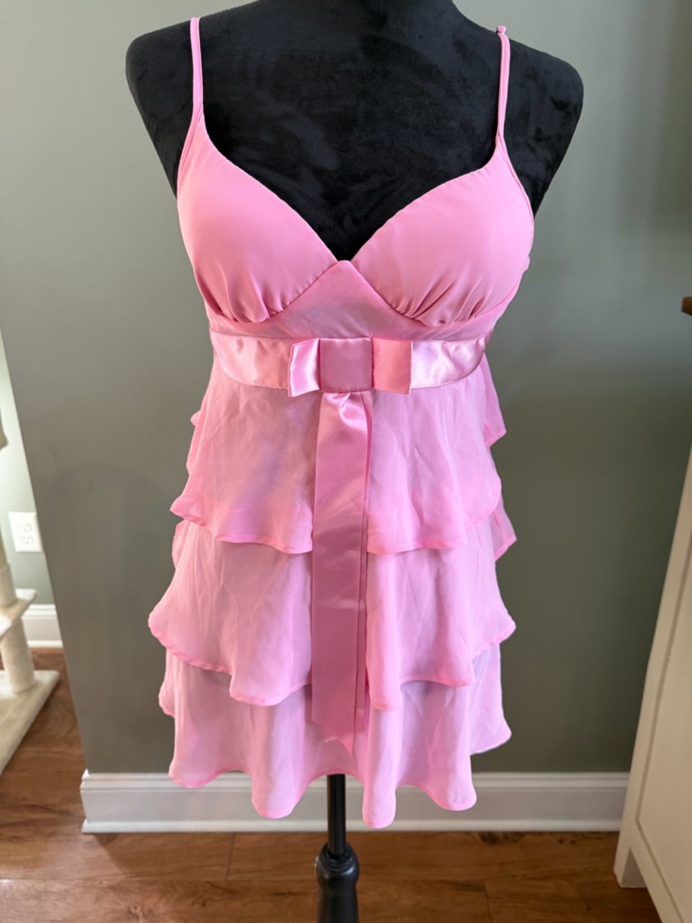 Pink Tiered Satin Bow Babydoll Dress